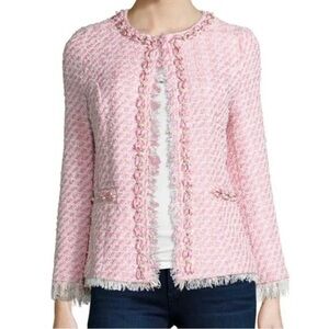 Michael Simon Pink & Cream Tweed Jacket, Pearl Ribbon Accent, size Large Petite